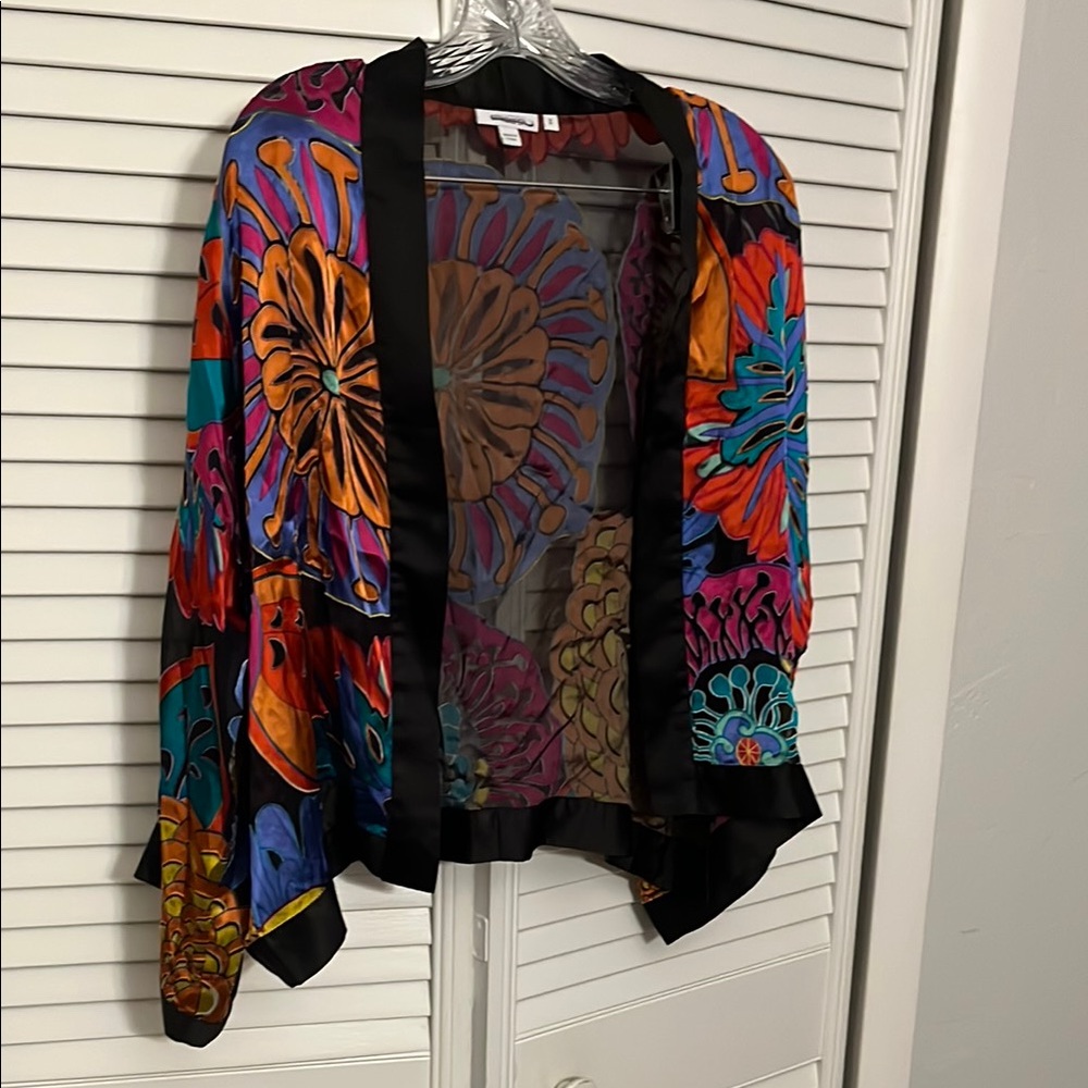 Chico’s Colorful Floral Sheer Kimono cardigan SZ S/M…gorgeous for layering